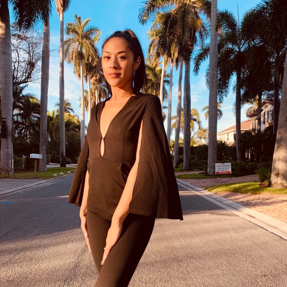 Black Cape Sleeve Petite Jumpsuit